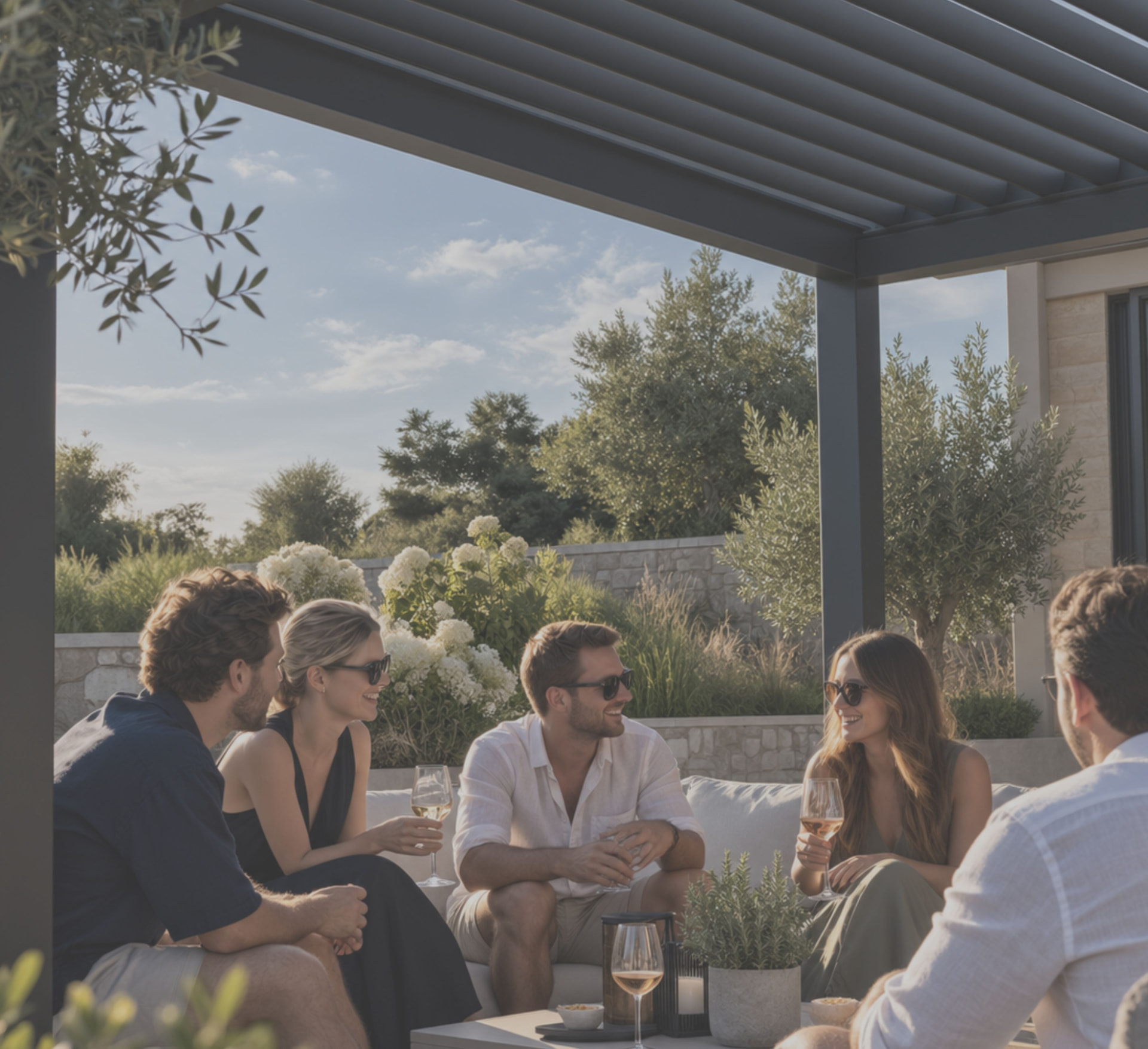 Friends relaxing beneath a Louvara louvered pergola