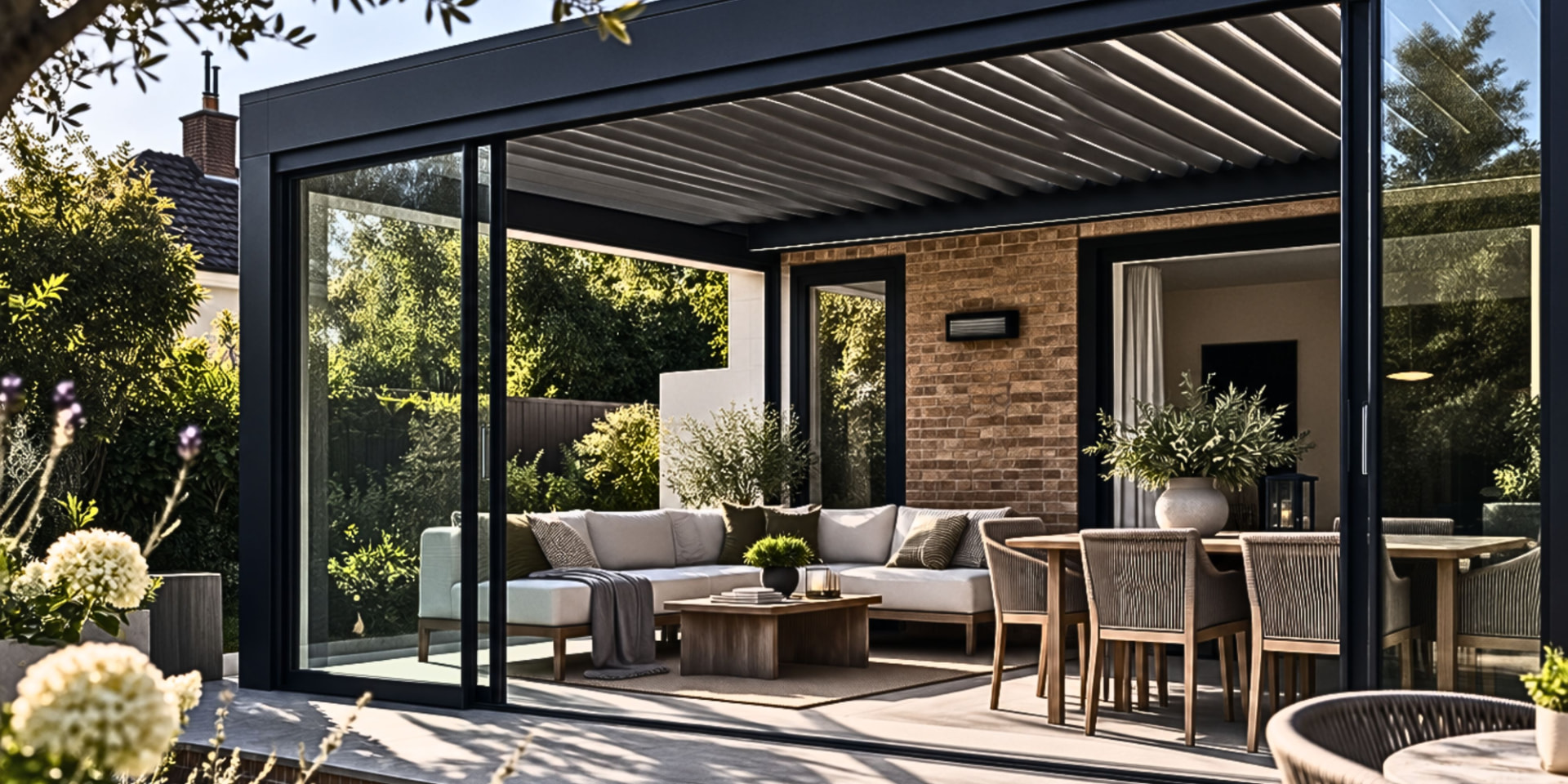Louvara Glass Room with sliding glass sides and garden seating